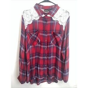 Sara Studio Long Sleeve Red Flannel Lace Button Up Shirt Women’s Large Crocheted